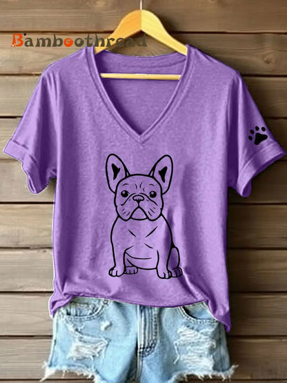 Women’s Line Art French Bulldog Print V-Neck T-Shirt Purple / S
