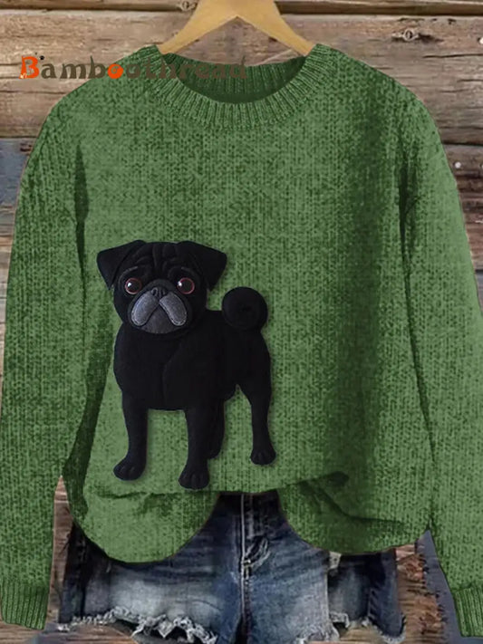 Women’s Lively Pug Dog Felt Art Cozy Knit Sweater Green / S