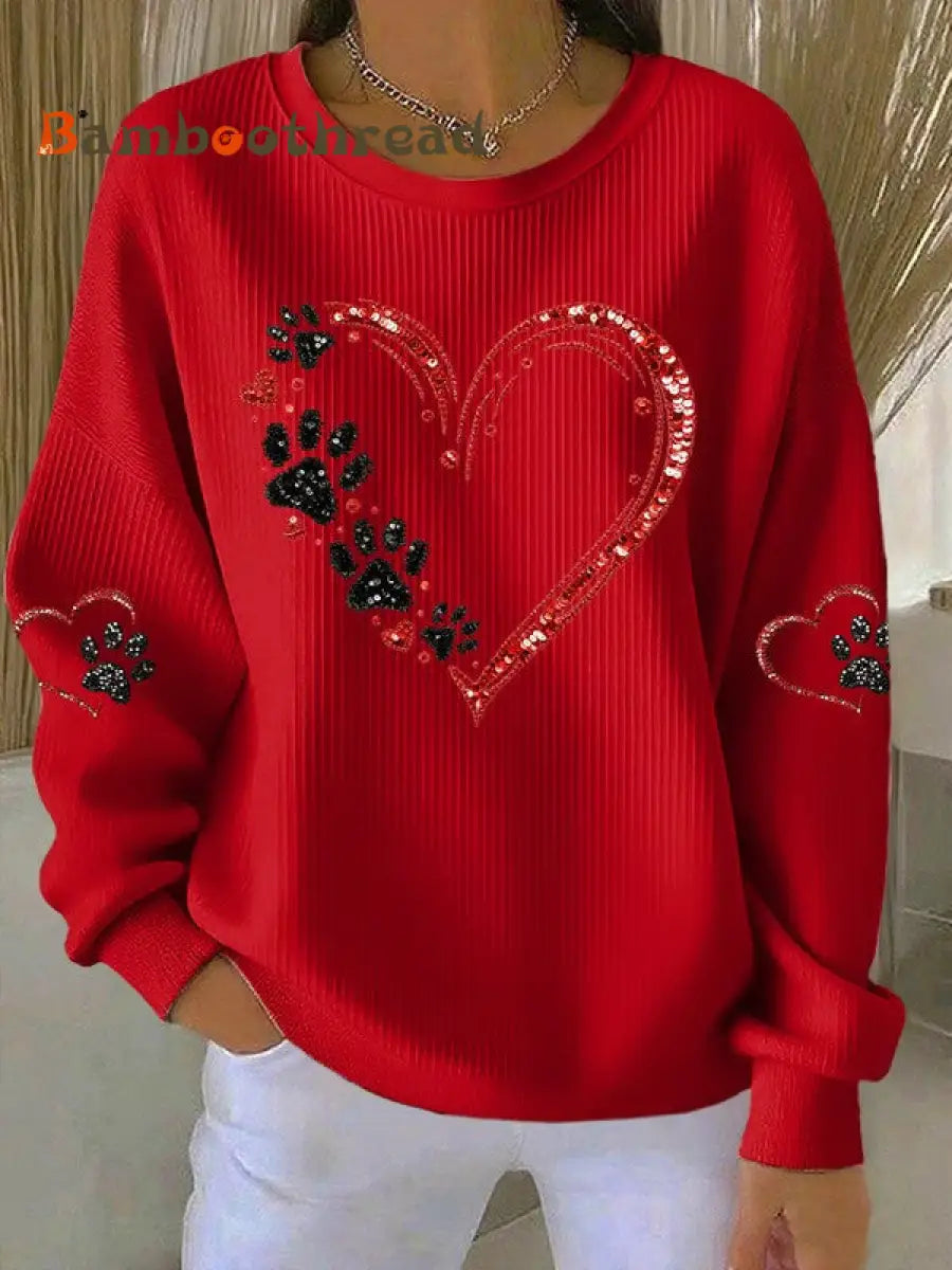 Women’s Love Dog Paw Printed Sweatshirt Red / S