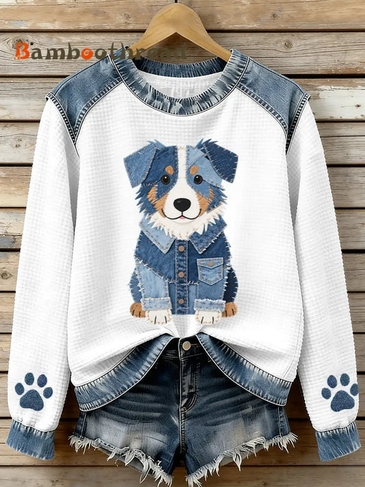 Women’s Lovely Australian Shepherd Pattern Denim Patchwork Waffle Sweatshirt As picture / S
