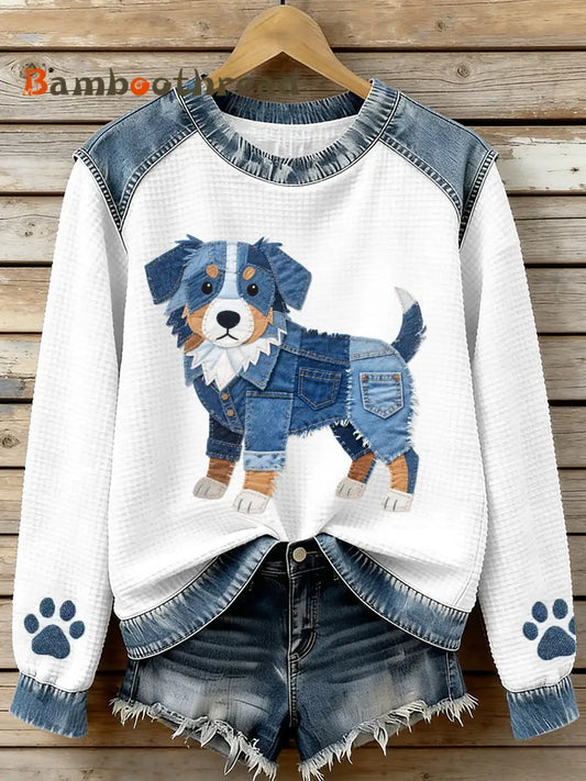 Women’s Lovely Australian Shepherd Pattern Denim Patchwork Waffle Sweatshirt As picture / S