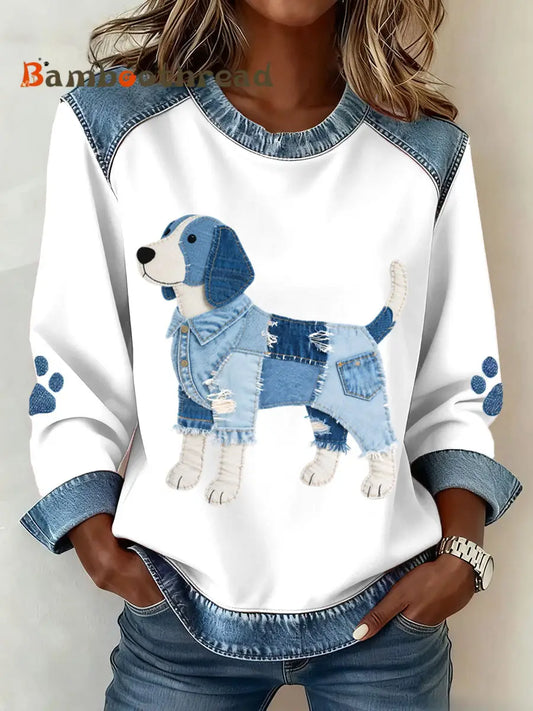 Women’s Lovely Beagle Dog Pattern Denim Patchwork Sweatshirt White / S