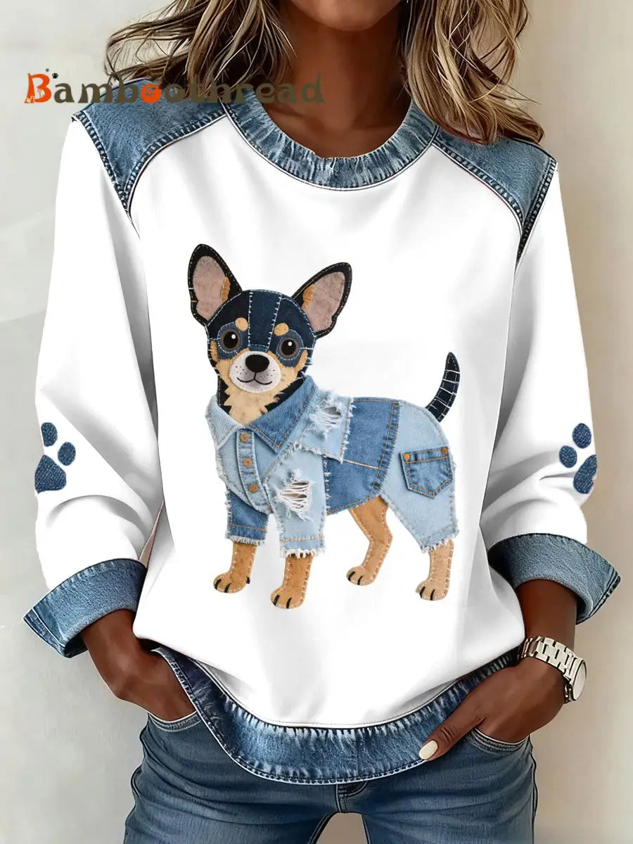 Women’s Lovely Chihuahua Dog Pattern Denim Patchwork Art Sweatshirt White / S