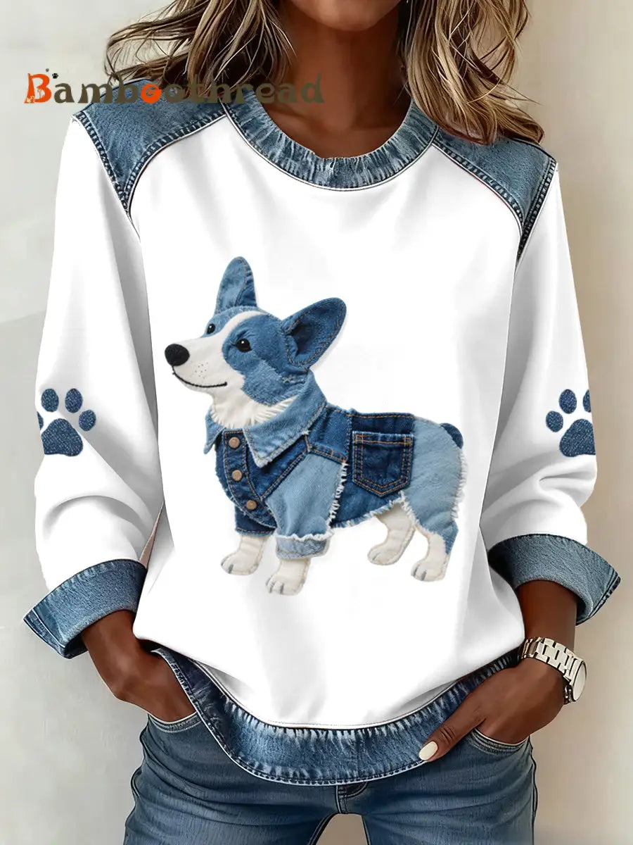 Women’s Lovely Corgi Dog Pattern Denim Patchwork Sweatshirt As picture / S