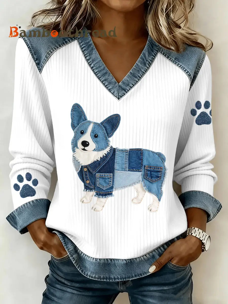 Women’s Lovely Corgi Dog Pattern Denim Patchwork V-Neck Top As picture / S