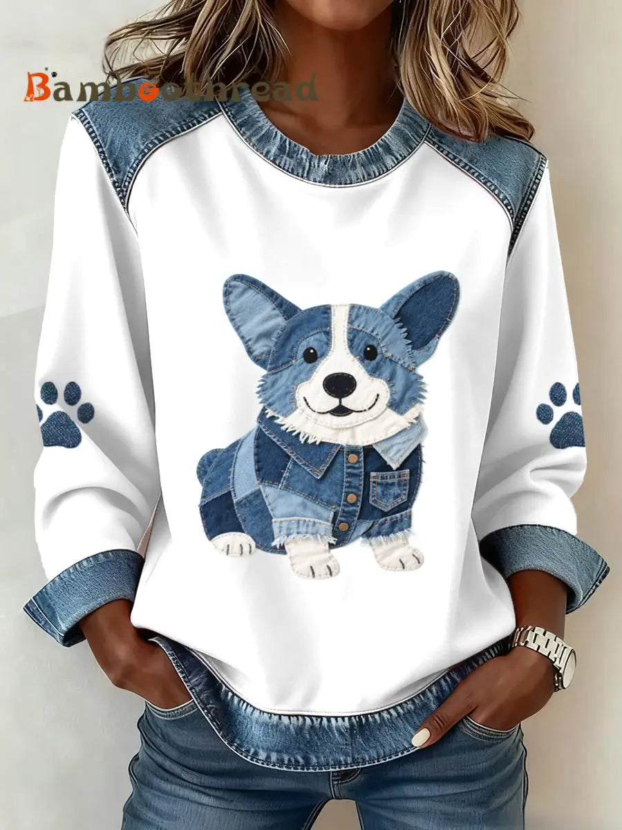 Women’s Lovely Corgi Pattern Denim Patchwork Sweatshirt As picture / S