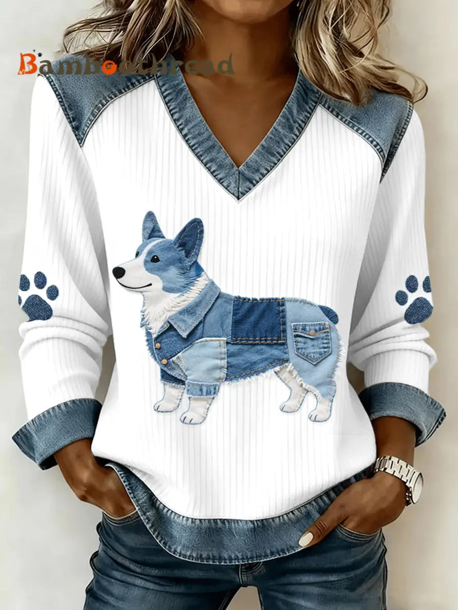 Women’s Lovely Corgi Pattern Denim Patchwork V-Neck Top As picture / S