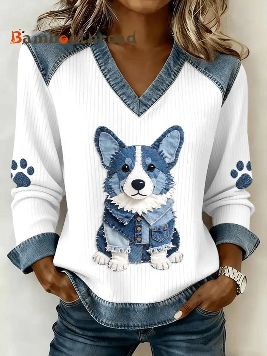 Women’s Lovely Corgi Pattern Denim Patchwork V-Neck Top As picture / S