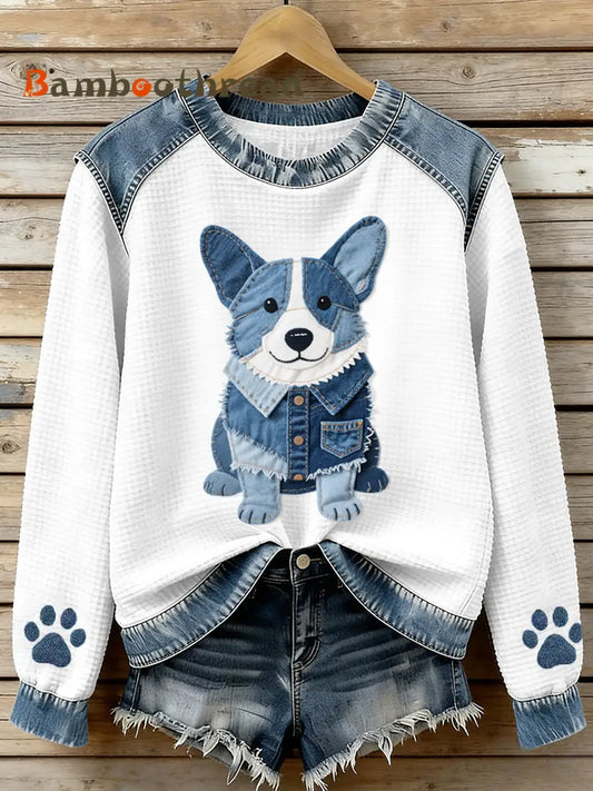 Women’s Lovely Corgi Pattern Denim Patchwork Waffle Sweatshirt As picture / S