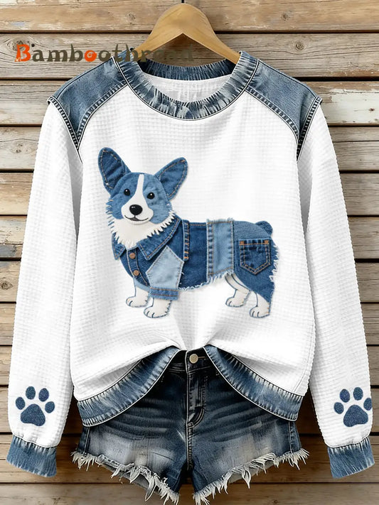 Women’s Lovely Corgi Pattern Denim Patchwork Waffle Sweatshirt As picture / S