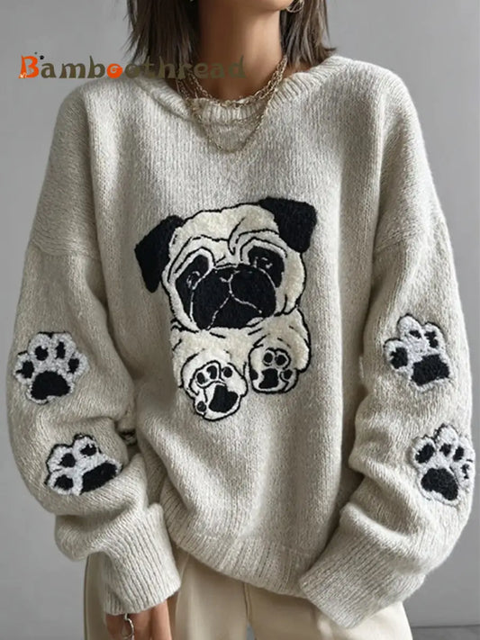 Women’s Lovely Cute Pug And Paws Embroidery Art Loose Cozy Knit Sweater S
