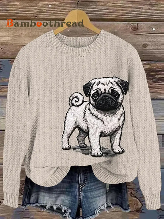Women’s Lovely Cute Pug Embroidery Art Loose Cozy Knit Sweater Khaki / S