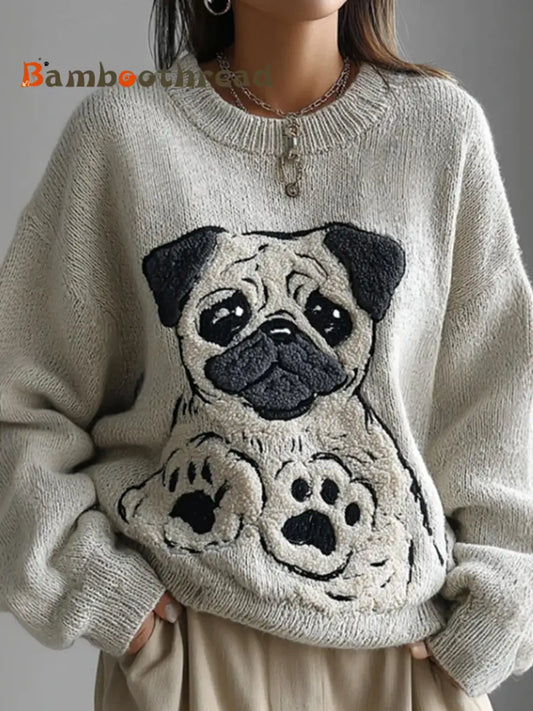 Women’s Lovely Cute Pug Embroidery Art Loose Cozy Knit Sweater White / S