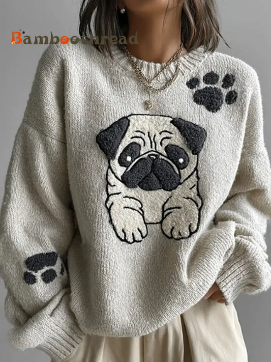 Women’s Lovely Cute Pug Embroidery Art Loose Cozy Knit Sweater White / S