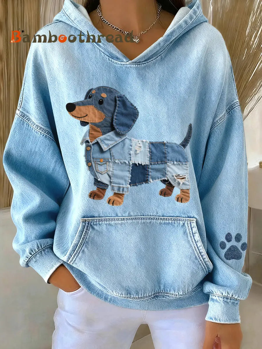 Women’s Lovely Dachshund Dog Denim Patchwork Pattern Hoodie Blue / S