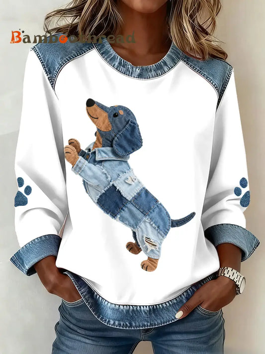 Women’s Lovely Dachshund Dog Pattern Denim Patchwork Sweatshirt As picture / S