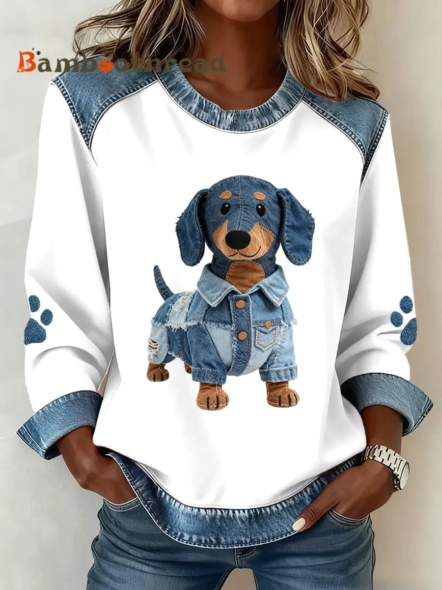 Women’s Lovely Dachshund Dog Pattern Denim Patchwork Sweatshirt As picture / S