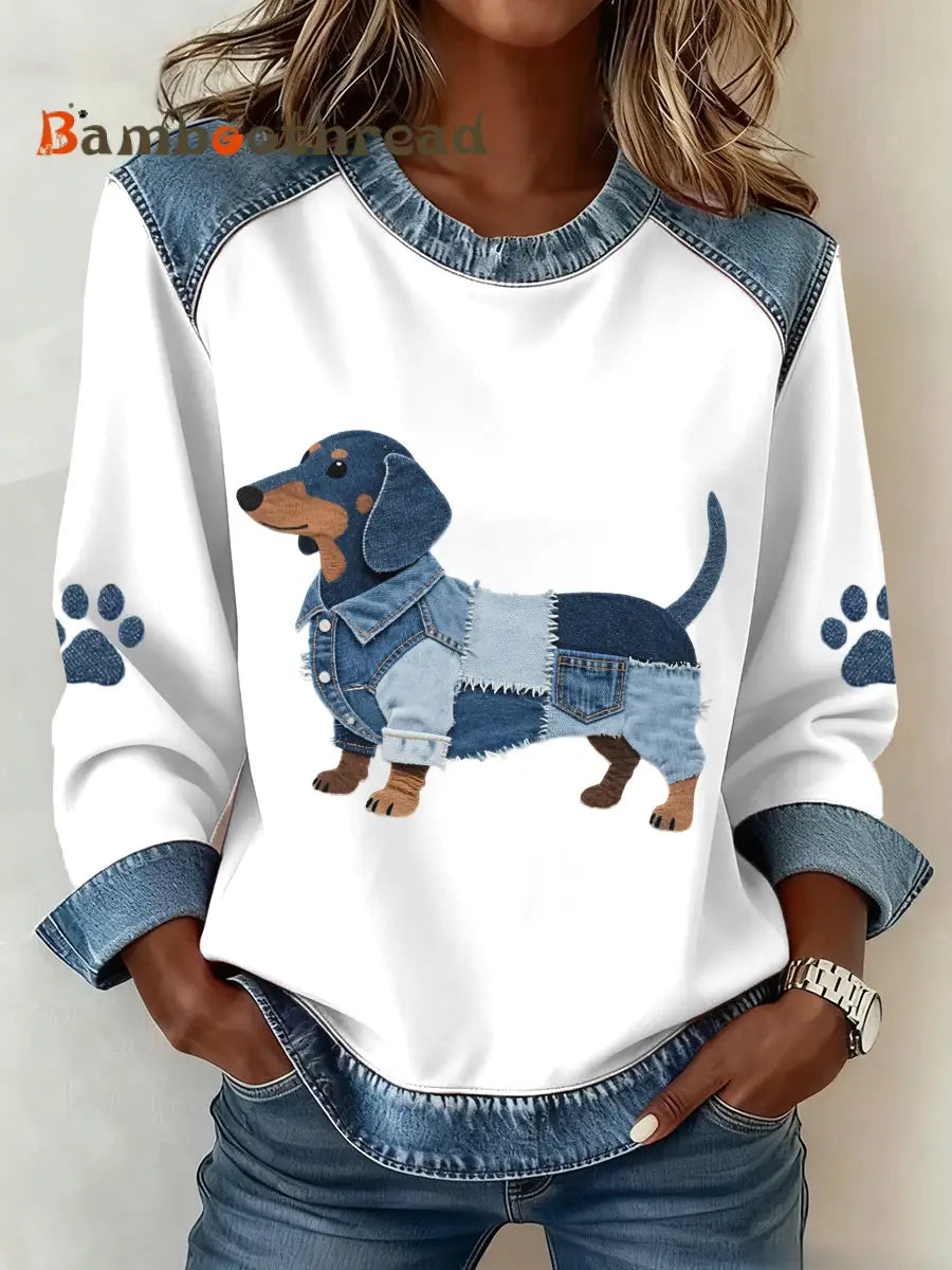 Women’s Lovely Dachshund Dog Pattern Denim Patchwork Sweatshirt White / S