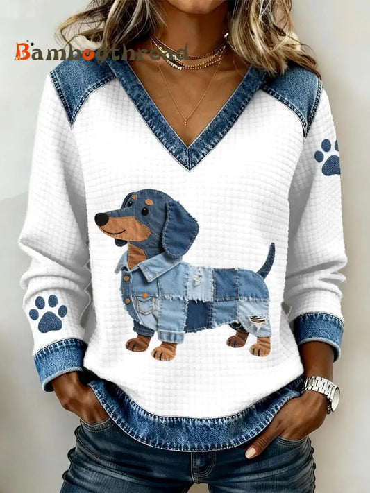 Women’s Lovely Dachshund Dog Pattern Denim Patchwork V-Neck Top White / S