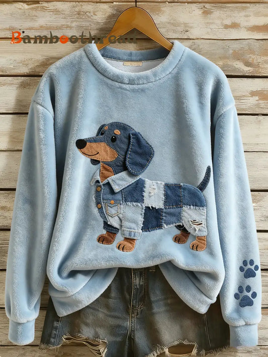 Women’s Lovely Dachshund Patchwork Pattern Flannel Top Blue / S