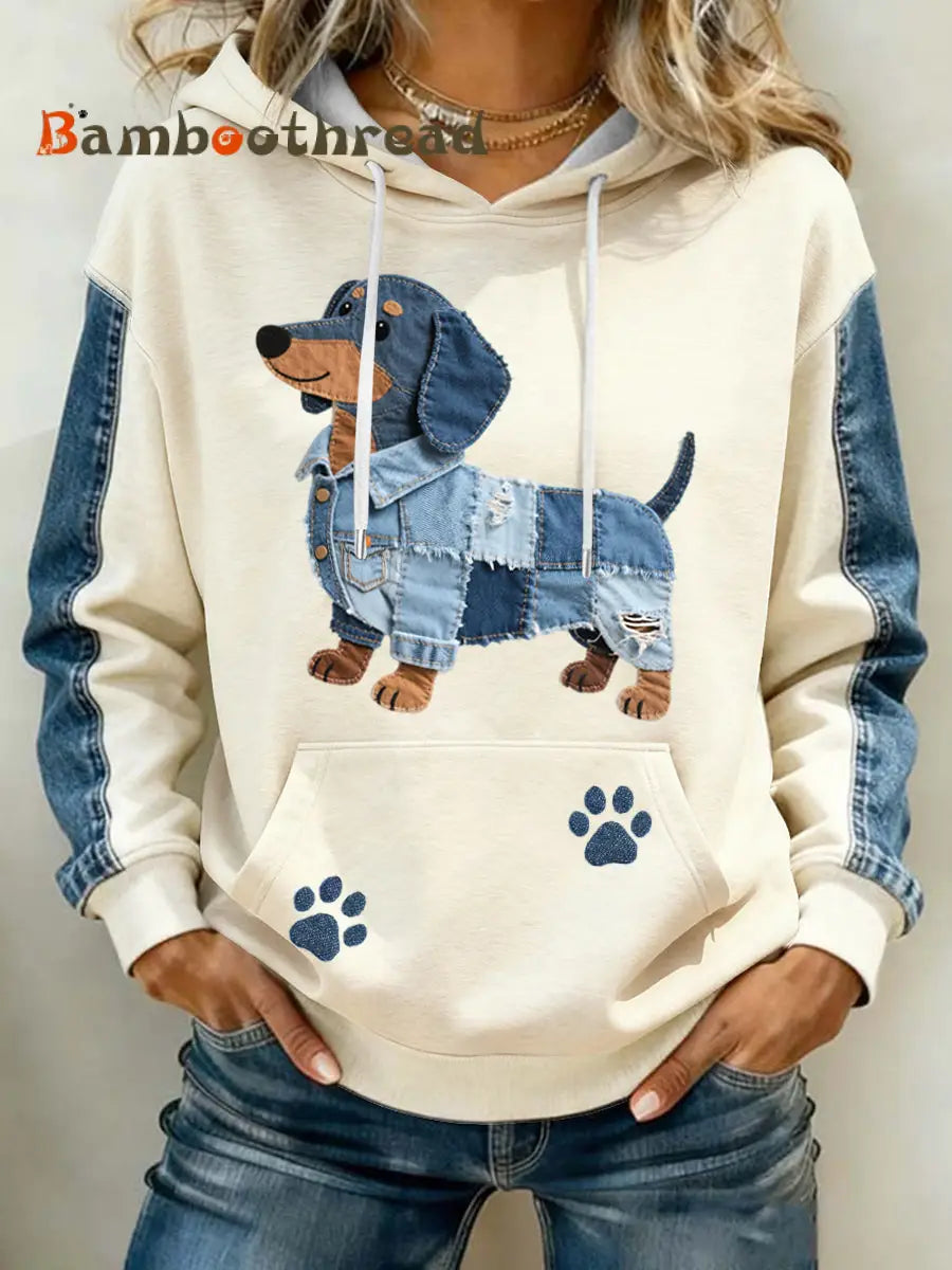 Women’s Lovely Dachshund Pattern Denim Patchwork Art Hoodie Apricot / S