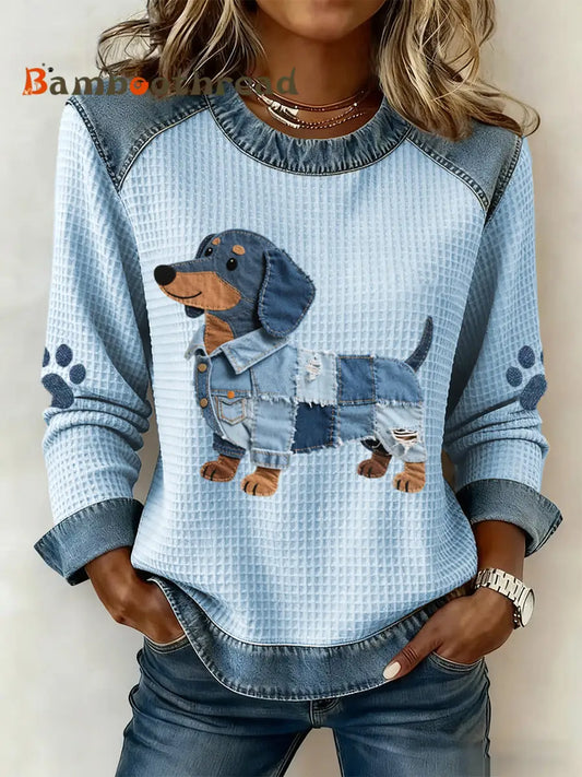 Women’s Lovely Dachshund Pattern Denim Patchwork Art Sweatshirt Blue / S