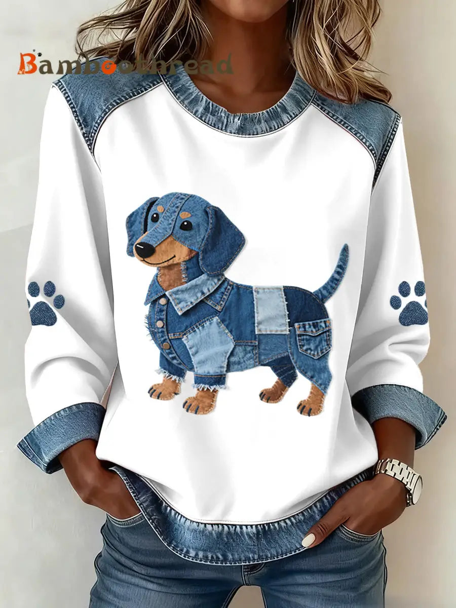 Women’s Lovely Dachshund Pattern Denim Patchwork Sweatshirt White / S