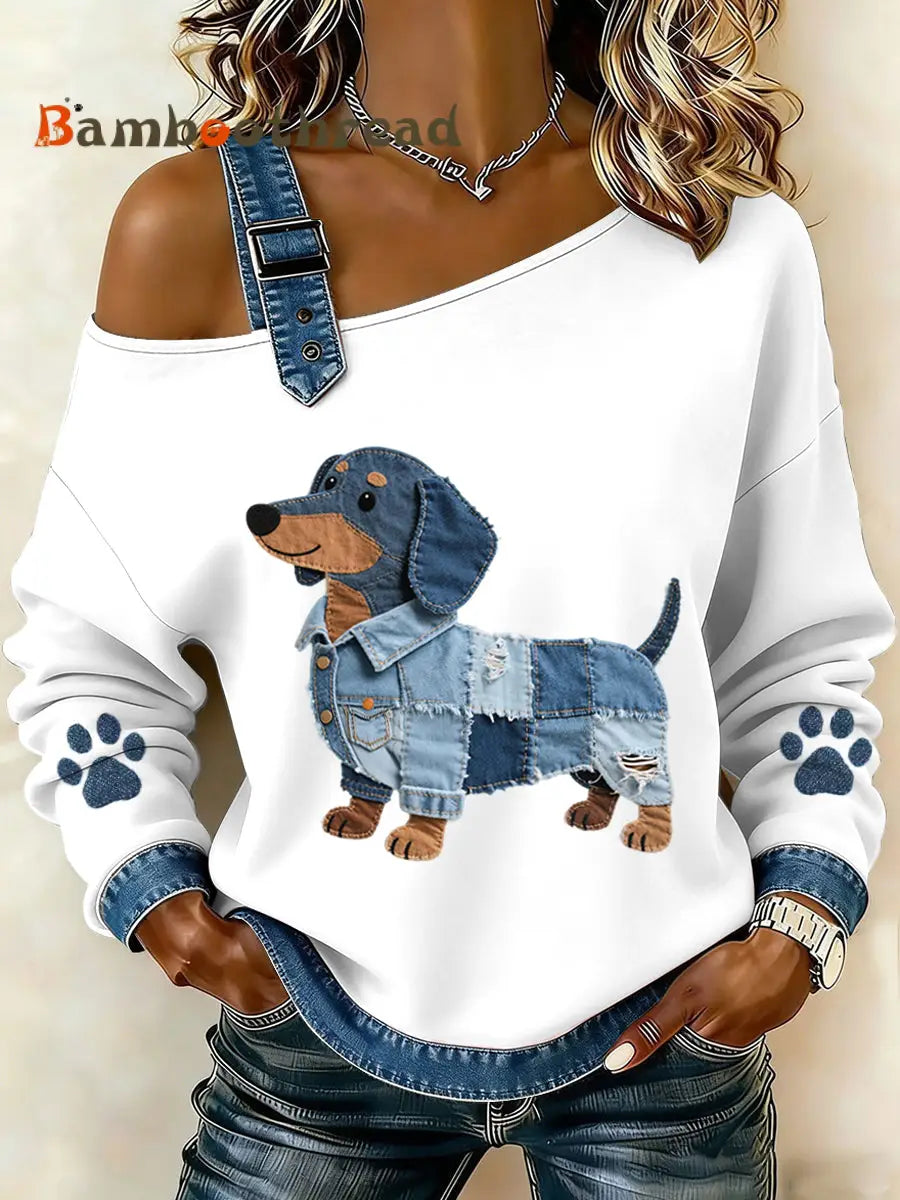 Women’s Lovely Dachshund Pattern Denim Patchwork Top White / S