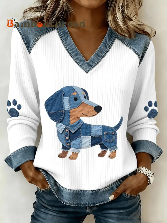Women’s Lovely Dachshund Pattern Denim Patchwork V-Neck Top As picture / S