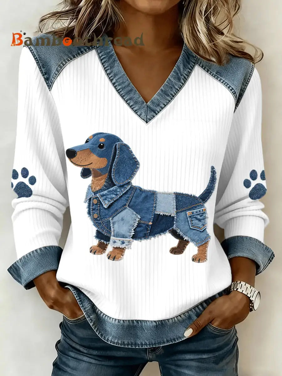 Women’s Lovely Dachshund Pattern Denim Patchwork V-Neck Top White / S