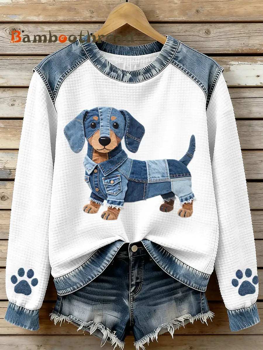 Women’s Lovely Dachshund Pattern Denim Patchwork Waffle Sweatshirt As picture / S