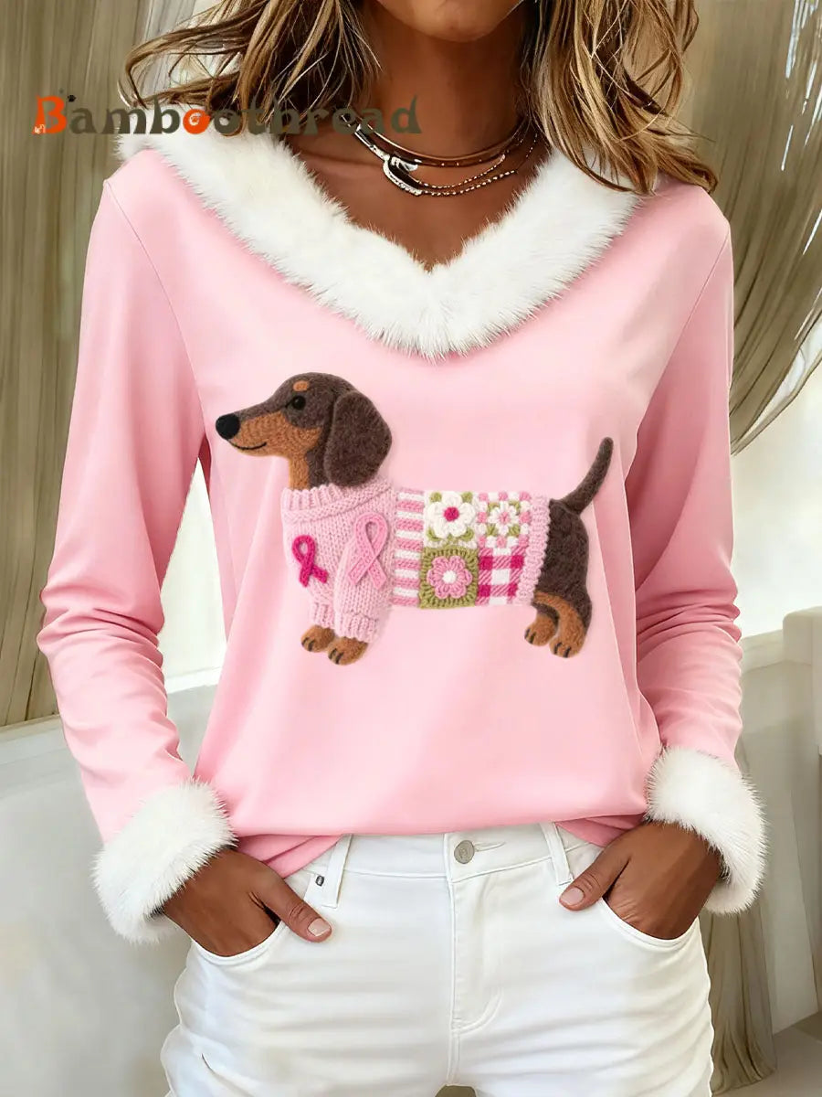 Women’s Lovely Dachshund Pattern Felt Art Furry Sweatshirt Pink / S