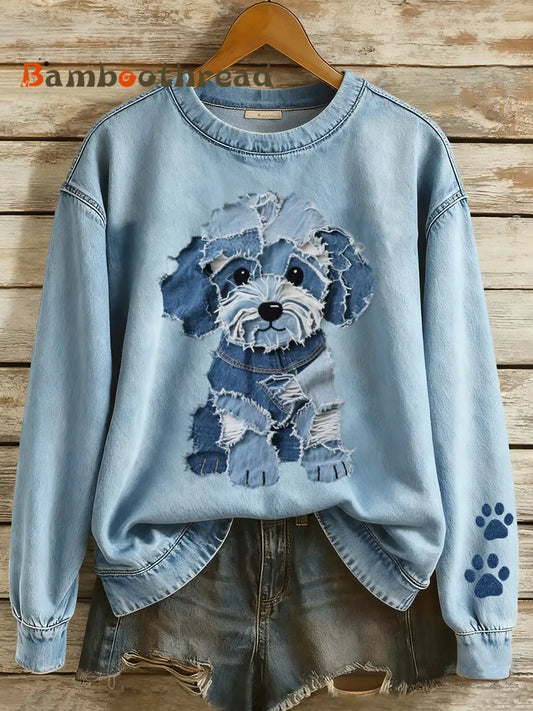 Women’s Lovely Dog Patchwork Art Sweatshirt Blue / S