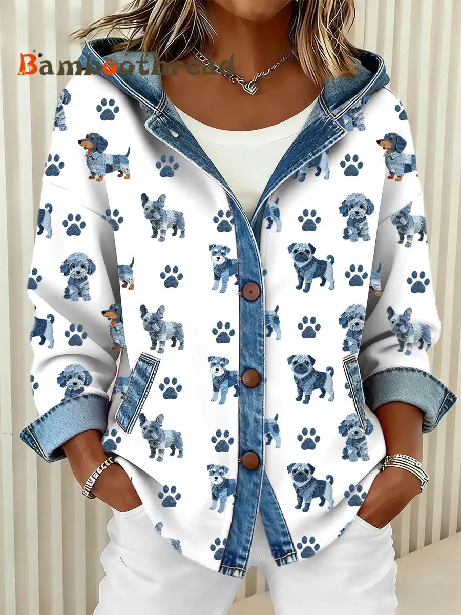 Women’s Lovely Dog Pattern Denim Patchwork Hooded Cardigan White / S
