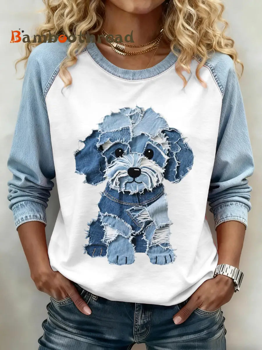 Women’s Lovely Dog Pattern Denim Patchwork Sweatshirt Light Blue / S