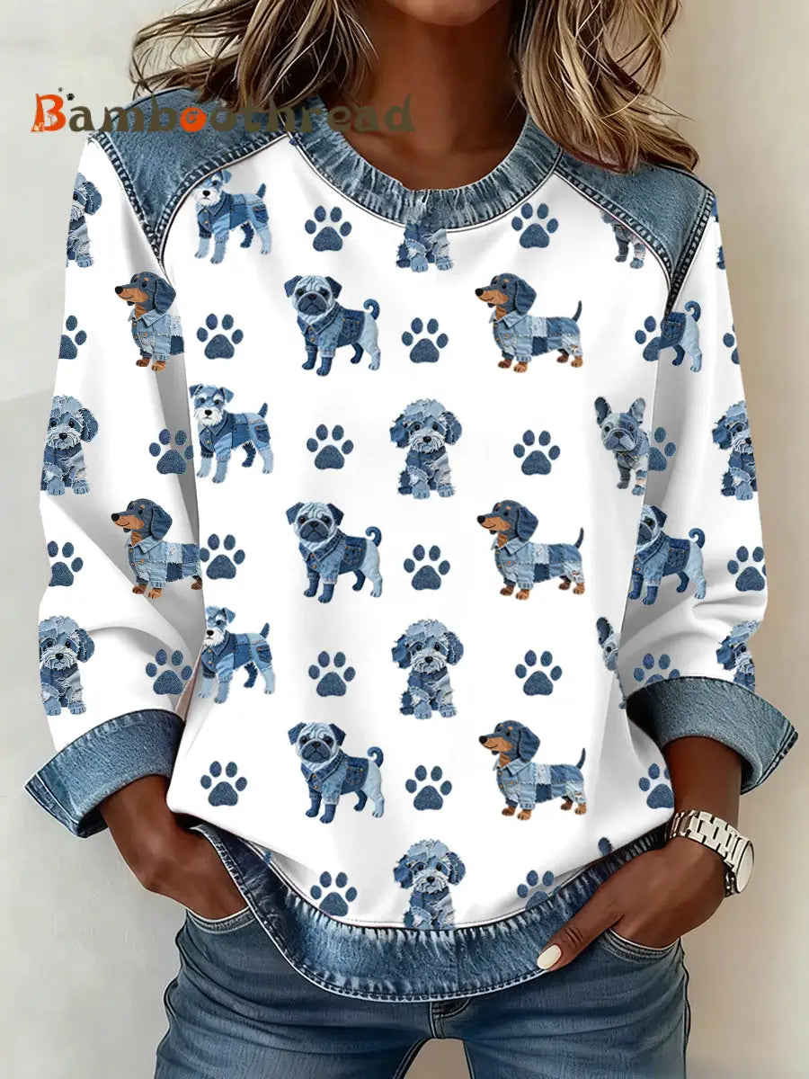 Women’s Lovely Dog Pattern Denim Patchwork Sweatshirt White / S