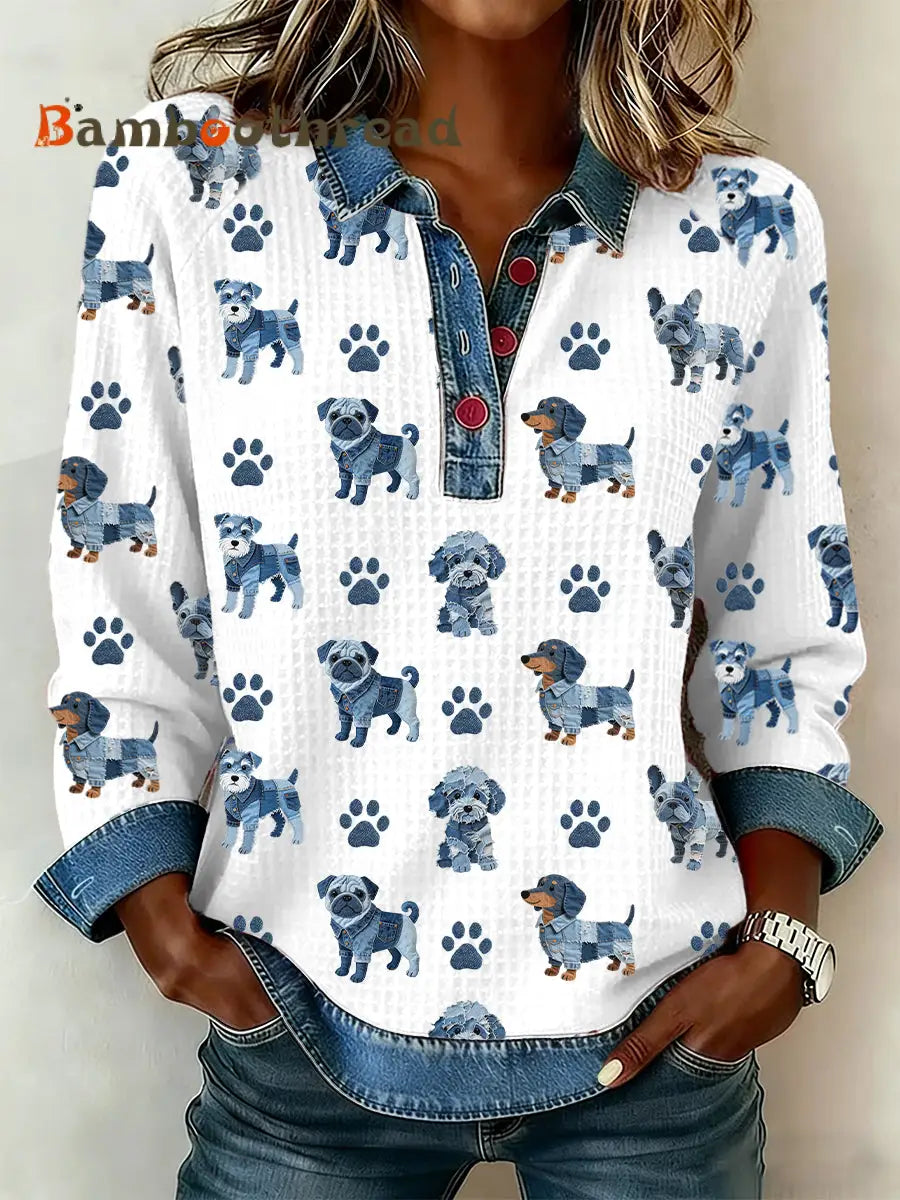 Women’s Lovely Dog Pattern Denim Patchwork Top White / S