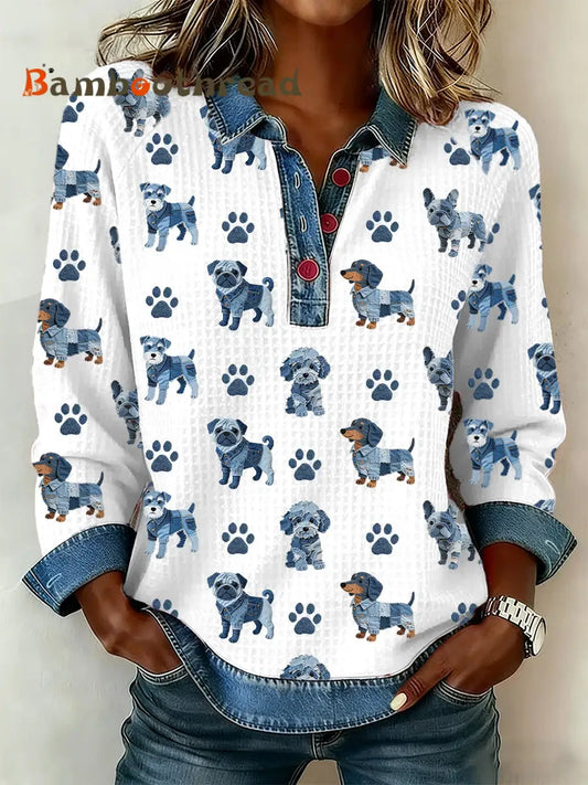 Women’s Lovely Dog Pattern Denim Patchwork Top White / S
