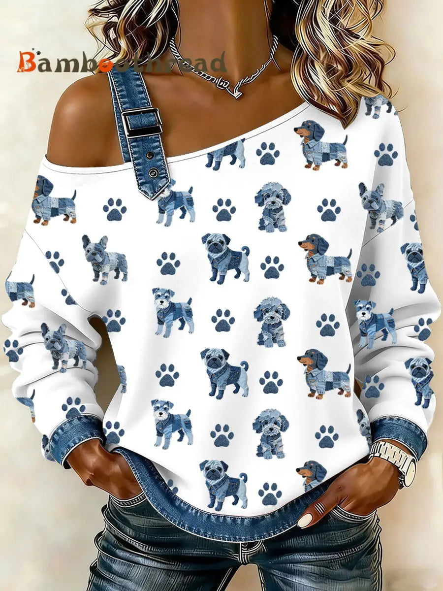 Women’s Lovely Dog Pattern Denim Patchwork Top White / S