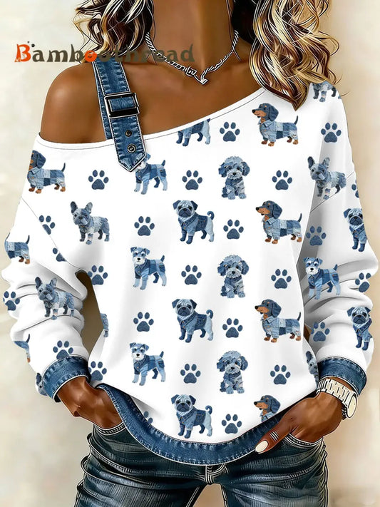 Women’s Lovely Dog Pattern Denim Patchwork Top White / S