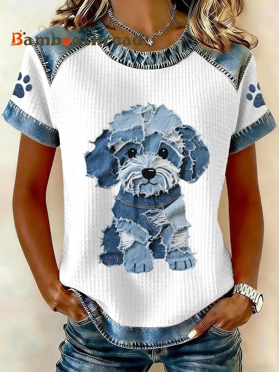 Women’s Lovely Dog Pattern Denim Patchwork Top White / S