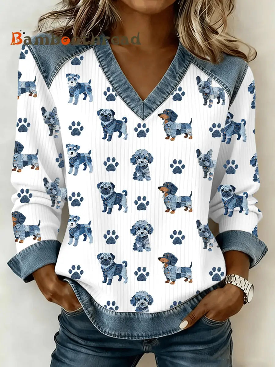 Women’s Lovely Dog Pattern Denim Patchwork V-Neck Top White / S