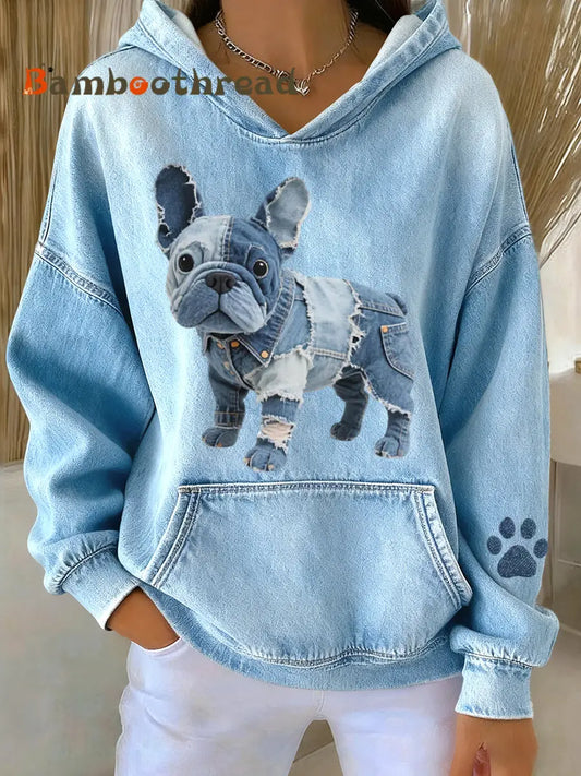 Women’s Lovely French Bulldog Denim Patchwork Pattern Hoodie Blue / S