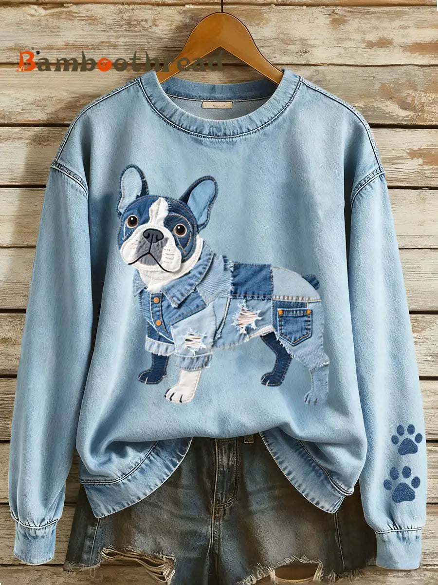 Women’s Lovely French Bulldog Patchwork Pattern Sweatshirt Blue / S