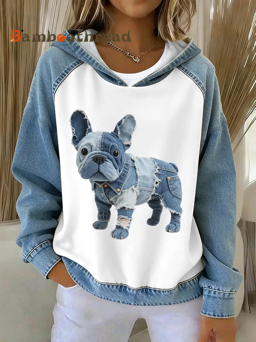 Women’s Lovely French Bulldog Pattern Denim Patchwork Hoodie As picture / S
