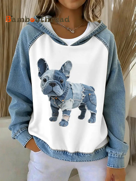 Women’s Lovely French Bulldog Pattern Denim Patchwork Hoodie As picture / S