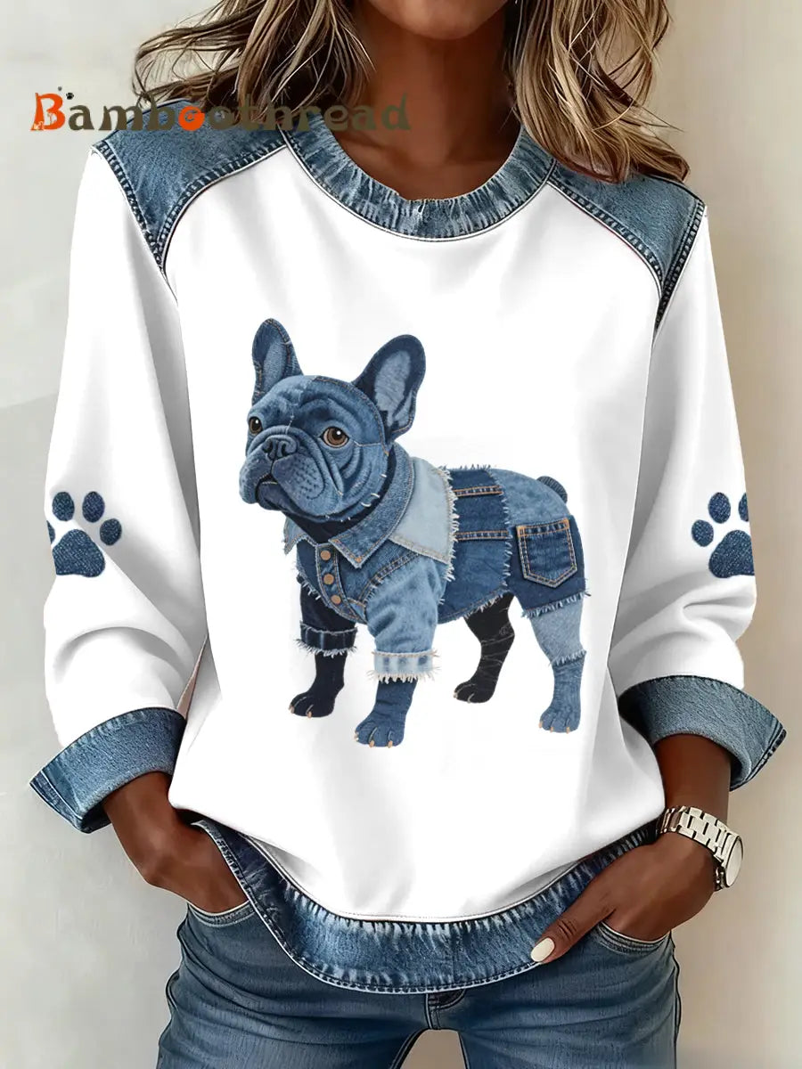 Women’s Lovely French Bulldog Pattern Denim Patchwork Sweatshirt As picture / S