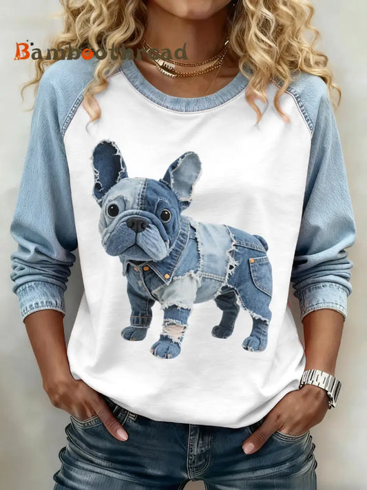 Women’s Lovely French Bulldog Pattern Denim Patchwork Sweatshirt Light Blue / S