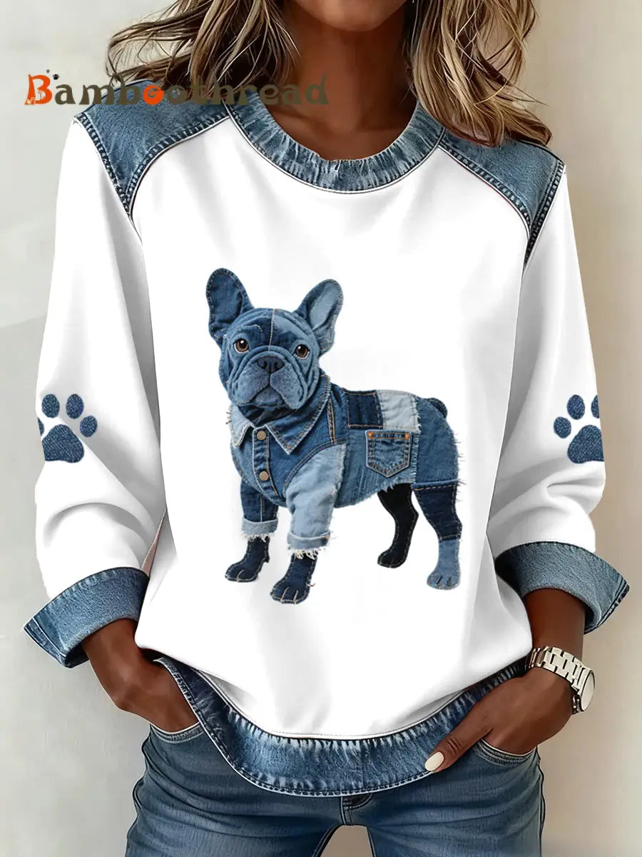 Women’s Lovely French Bulldog Pattern Denim Patchwork Sweatshirt White / S