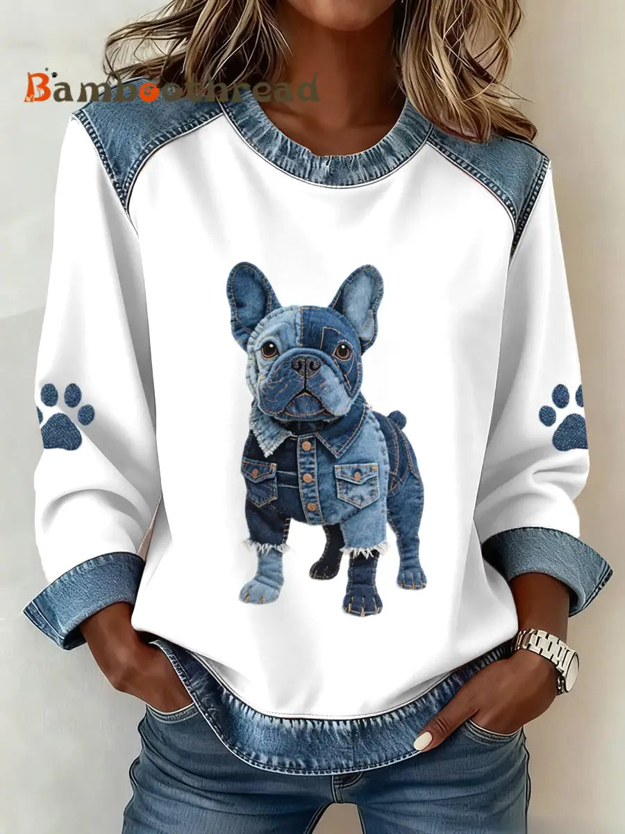 Women’s Lovely French Bulldog Pattern Denim Patchwork Sweatshirt White / S